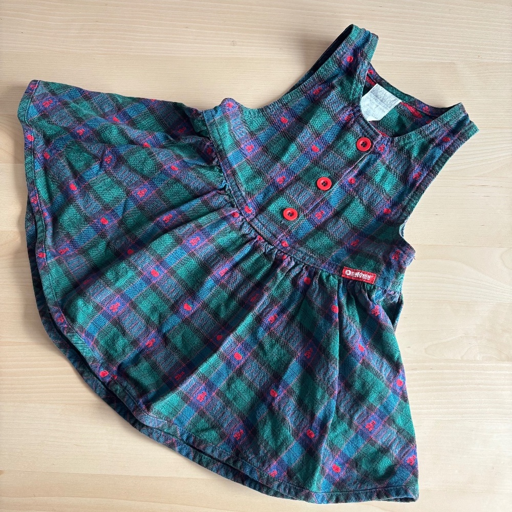 Vintage Oshkosh dress 2T, Plaid and bear print, made in Canada